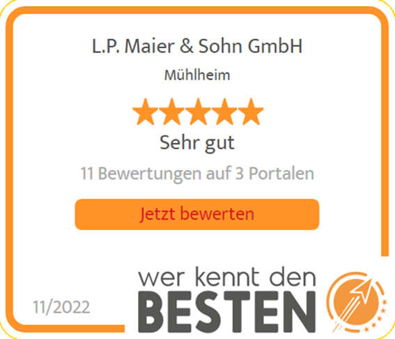 Bewertungskarte der Plattform "Wer kennt den Besten" mit fünf Sternen, der Bewertung "Sehr gut".
